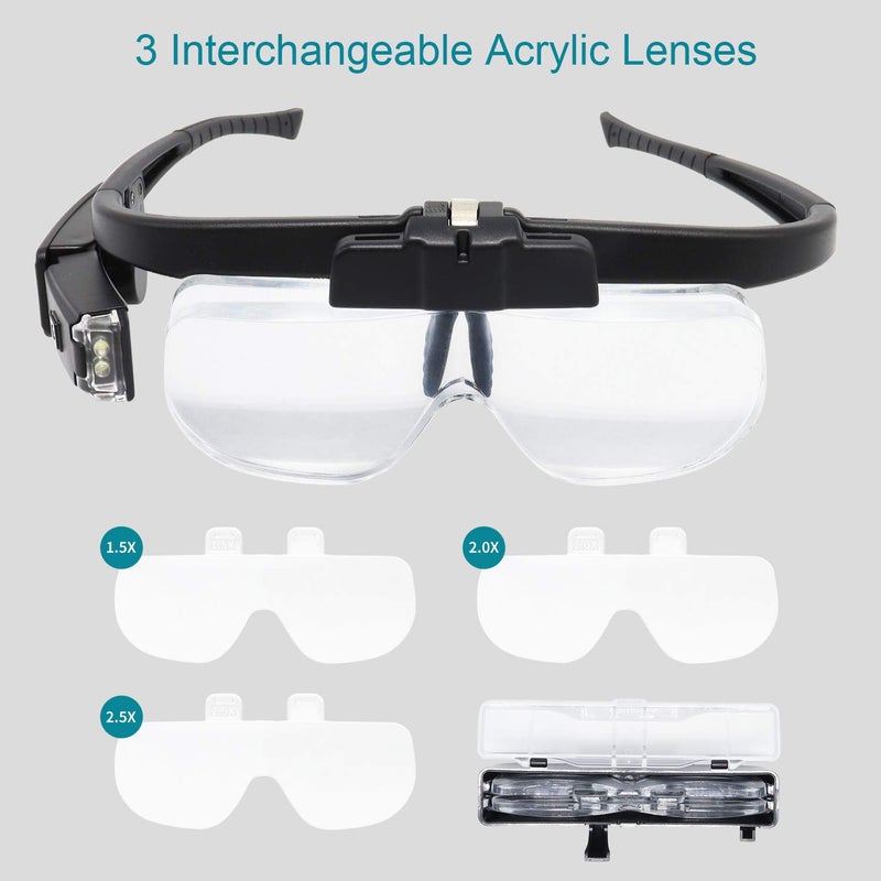 Reliancer LED Head Mount Magnifier Glasses with 3 Detachable Lenses 2 Led Professional Jeweler Loupe Light USB Rechargeable Hands Free Headband Magnifying Glass for Reading Watch & Electronic Repair Sewing - Image 2